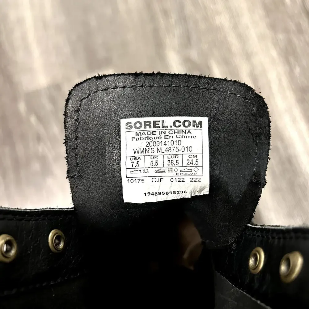 Sorel Hi-Line Heel Lace Boot Black Leather Lug Sole Block Heel Size 7.5 New NWOB
